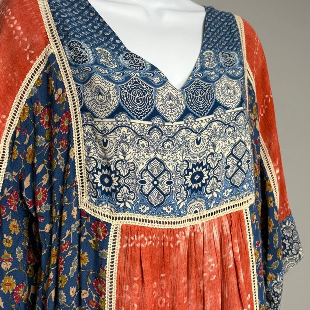 Sundance Boho Floral Lace Bell Sleeve V-Neck Patchwork Midi‎ Shift Dress Sz S - Picture 2 of 6